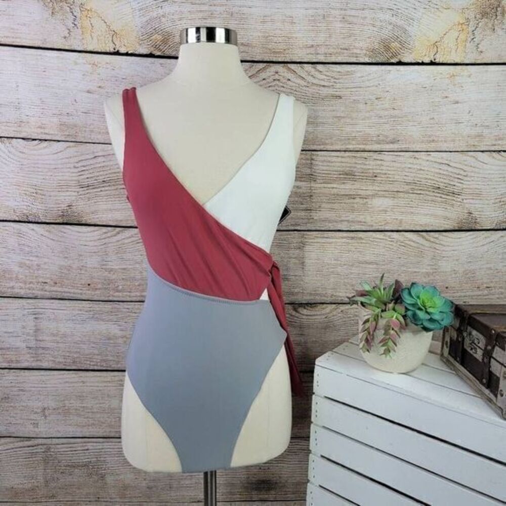 NWT ZAFUL Color Block Surplice White Gray Side Tie Swimsuit Size Small
